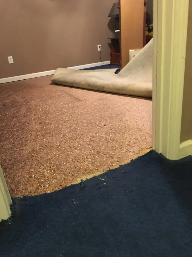 Carpet pad removal revealing water damage during Water Mitigation Services in Lanett